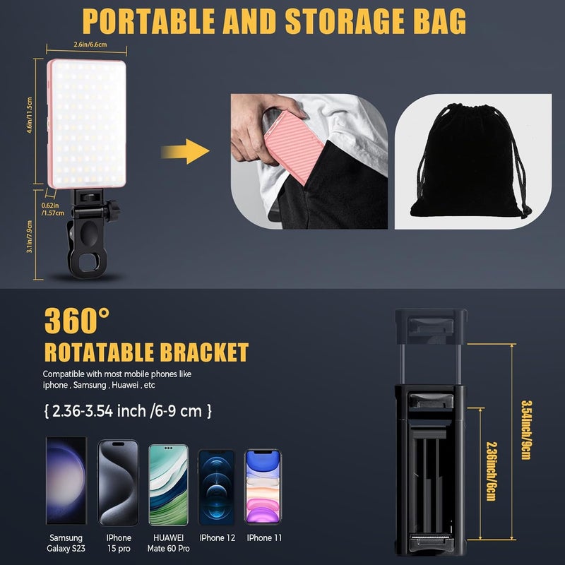 MACTREM 168 LED Selfie Light for iPhone, Portable Phone Light Clip, 3000Mah 3 Modes Rechargeable Lighting for Video Recording, for iPhone, Camera, Laptop, iPad, Video Conference, TikTok(Pink) - Image 5